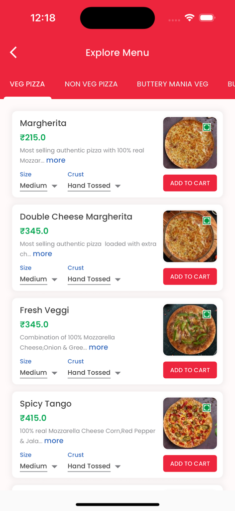 Rominus Pizza - Rominus Pizza mobile app interface showing the vegetarian pizza menu with prices and add to cart options