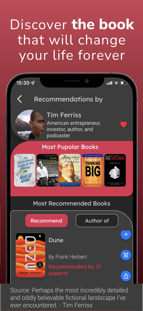 Bookshelf: Book Tracker, Club - Tim Ferriss의 Dune 및 The Magic of Thinking Big을 포함한 전문가 책 추천을 보여주는 Bookshelf 앱 인터페이스