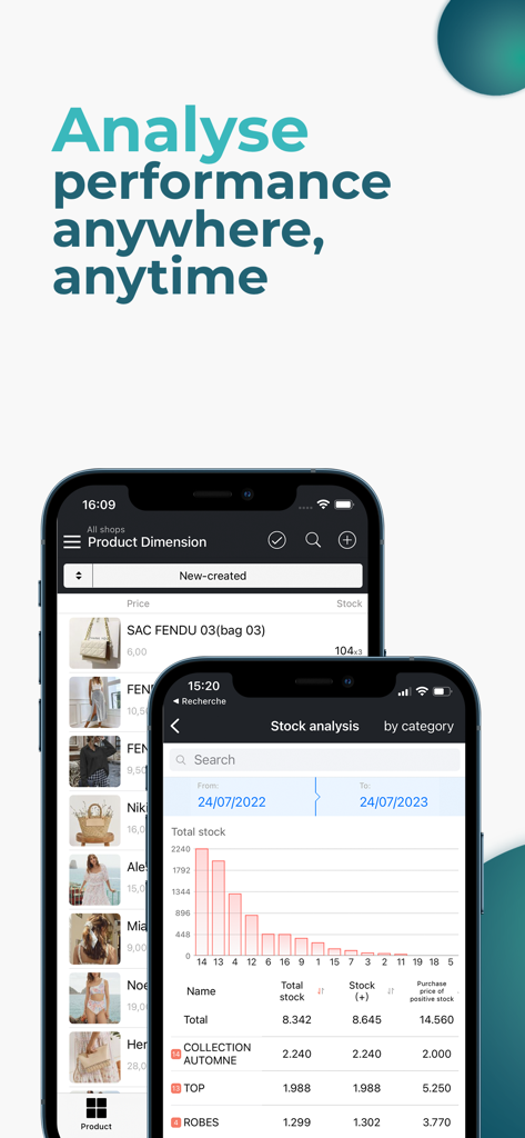 재고 분석 차트와 패션 제품 재고 목록을 보여주는 MC Boss 모바일 앱 인터페이스
