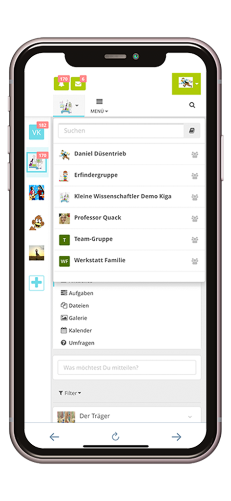 GFZ-App - Pantalla móvil que muestra la interfaz comunitaria de GFZ-App con una lista de grupos privados y menú de navegación