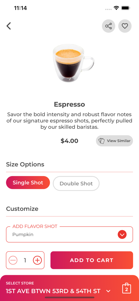 Matto Espresso - Página de produto do aplicativo Matto Espresso mostrando opções de personalização de expresso e pedido