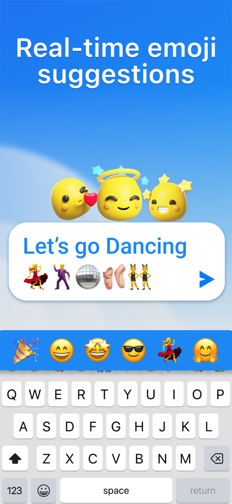 Interface showing Bobble AI Keyboard real-time emoji suggestions for the phrase Let's go Dancing