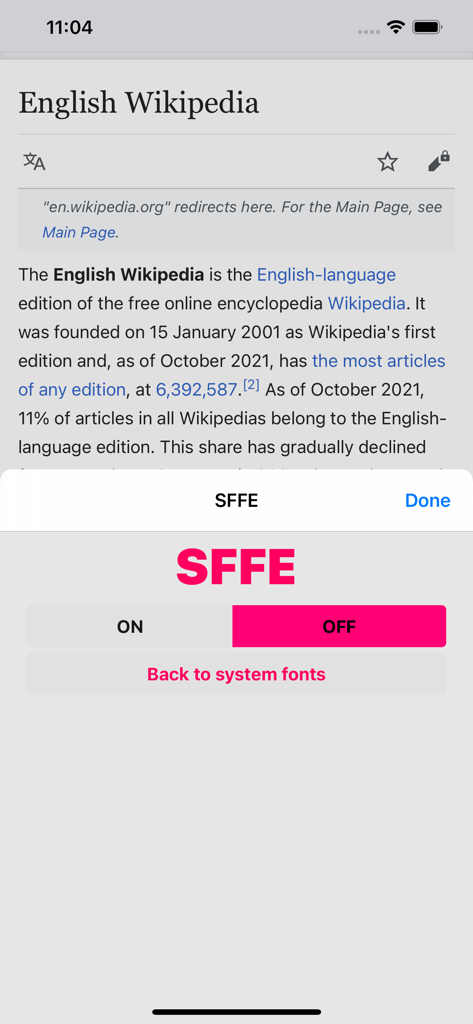 Interface of the SFFE mobile extension showing toggle controls for custom fonts on a Wikipedia page in Safari