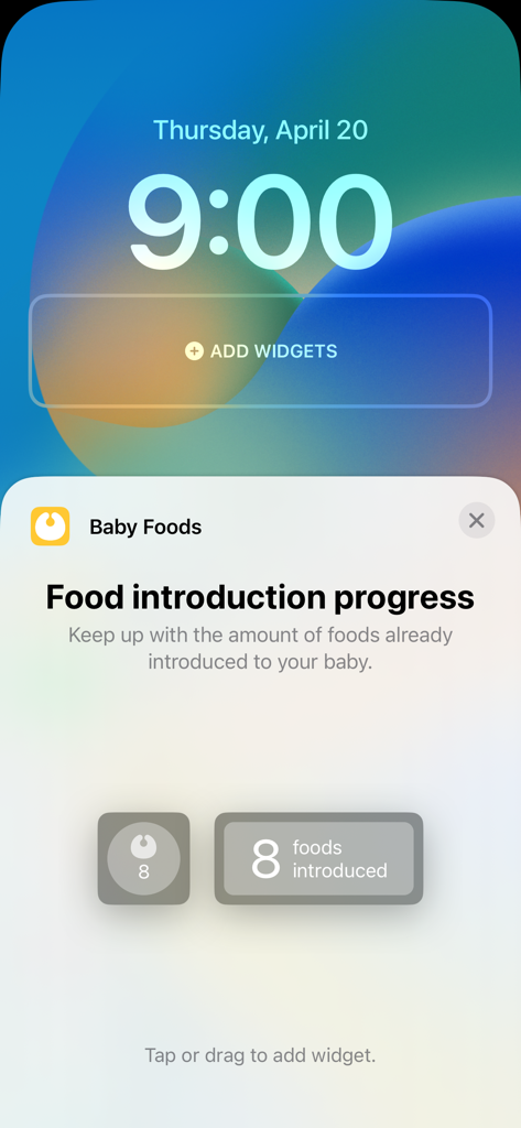 Baby Foods Tracker - iOS lock screen widget selection interface for the Baby Foods Tracker app showing food introduction progress count