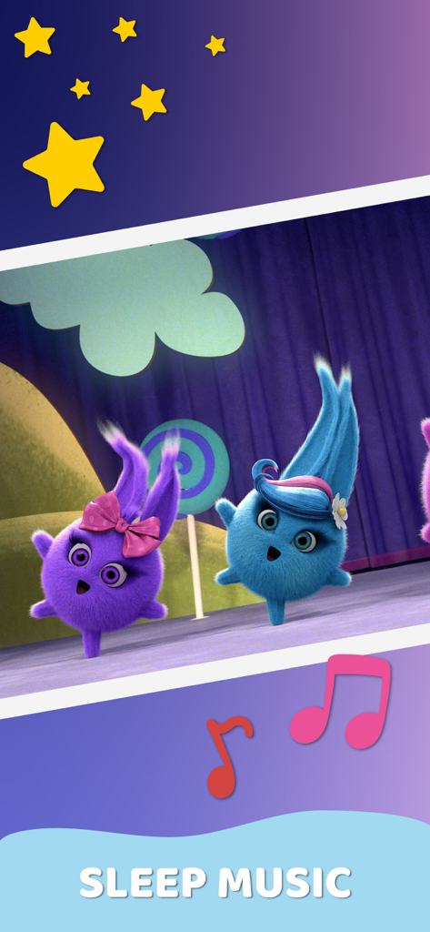 Animierte pelzige Charaktere tanzen auf einer Bühne unter Sternen für die Kinderschlafliedmusik