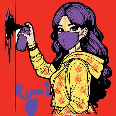 realistic girl with mask spray painting a wall