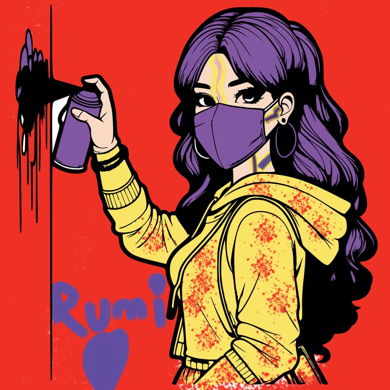 realistic girl with mask spray painting a wall