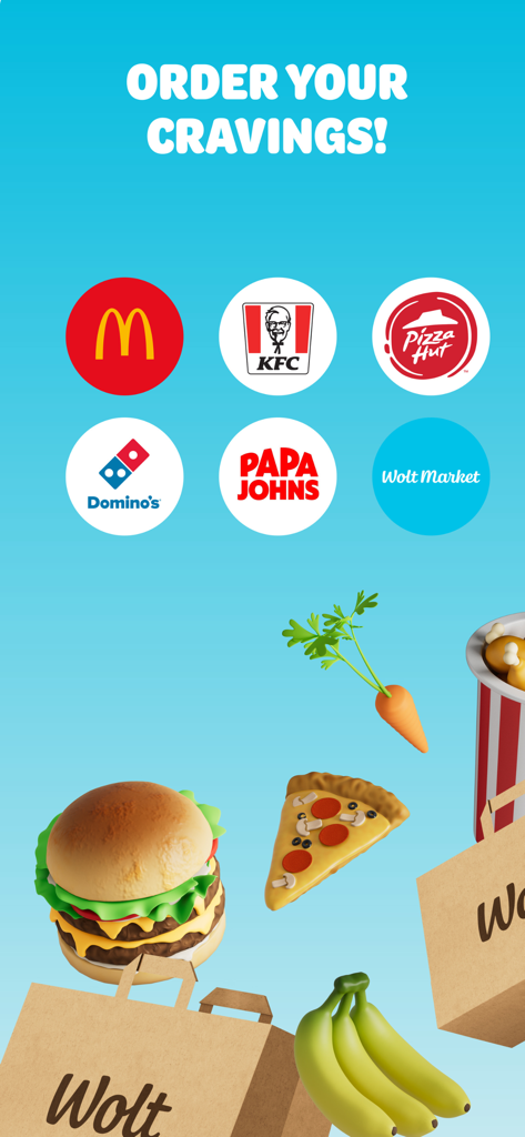 Capture d'écran de l'application Wolt affichant les logos de restaurants populaires et divers plats