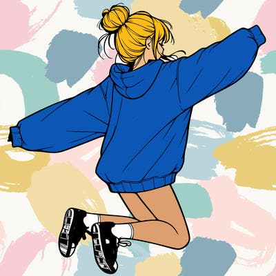 realistic girl jumping with a bun and oversized sweatshirt