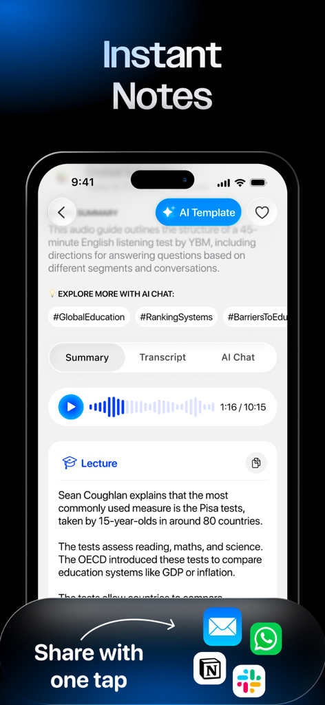 Interfaz de la aplicación Noteleap AI que muestra una conferencia resumida con un reproductor de audio e íconos para compartir en Notion y Slack