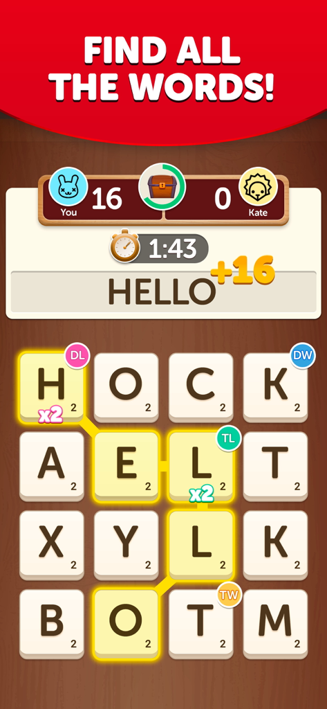 A competitive Word Scramble match where a player is swiping tiles to form the word hello on a letter grid.