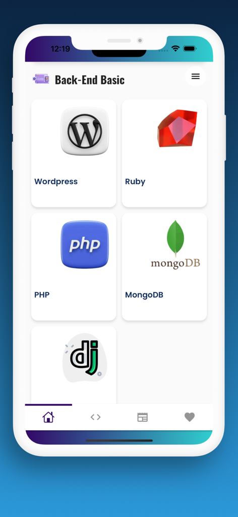 Eine mobile Benutzeroberfläche, die Lernmodule für die Back-End-Entwicklung anzeigt, einschließlich WordPress, Ruby, PHP und MongoDB.