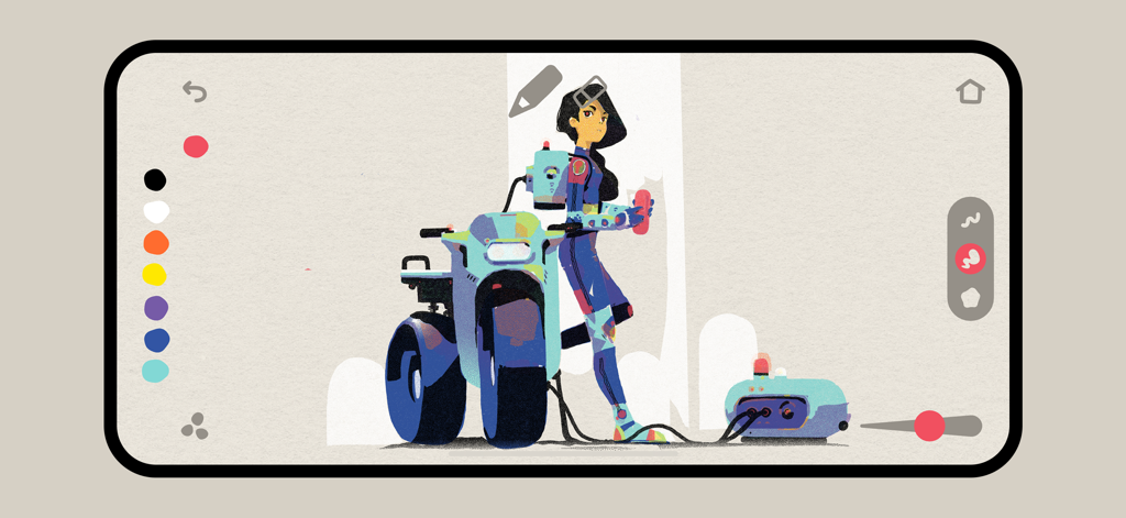 A textured digital illustration of a character and a futuristic vehicle in the Graintouch app interface with a minimal design.