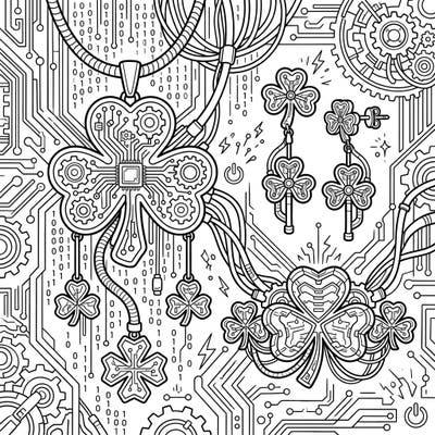 Explore a groundbreaking fusion of tradition and technology with this captivating Cyberpunk Shamrock Jewelry coloring page. Immerse yourself in a world of intricate circuit board patterns and futuristic shamrock designs, perfect for a unique creative escape.