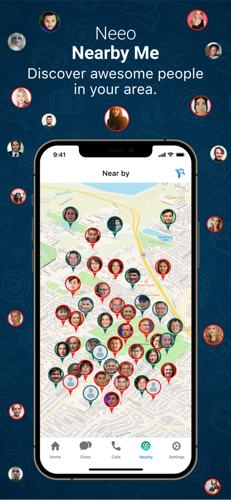 Neeo Messenger with Translator - Smartphone screen showing the Neeo Messenger Nearby feature with a map displaying profiles of people in the local area