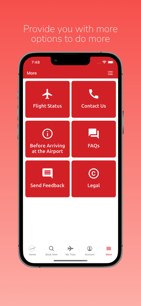 Africa World Airlines - Tela do aplicativo móvel Africa World Airlines mostrando o menu 'Mais' com opções para status do voo, entre em contato conosco e FAQs