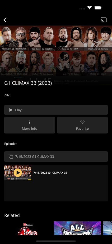 Mobile screen of NJPW WORLD app showing the G1 CLIMAX 33 event details and video episodes