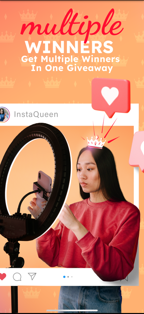 A young female influencer using a ring light to film content with a text overlay about picking multiple giveaway winners.