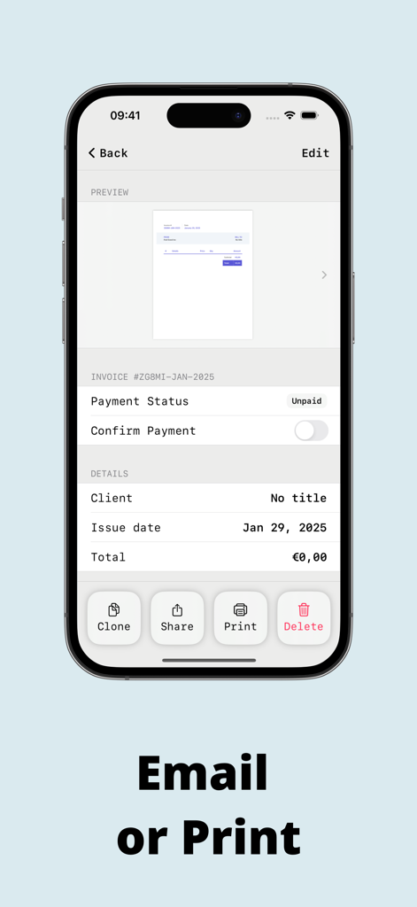 請求書・見積書作成アプリの画面、請求書のプレビューとメールまたは印刷するオプションを表示