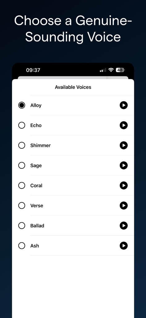 ChatLLM: AI Assistant & Chat - Una lista de voces de IA disponibles en la interfaz de la aplicación ChatLLM para su selección.