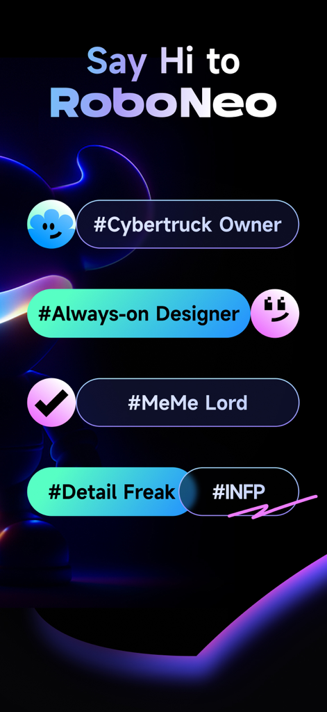 Tela introdutória para o agente criativo de IA RoboNeo com tags de usuário como designer sempre ativo e senhor dos memes