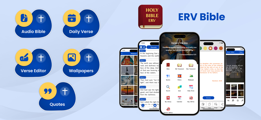 Easy-To-Read Holy Bible app features including audio bible daily verse editor and wallpapers shown on multiple iPhones
