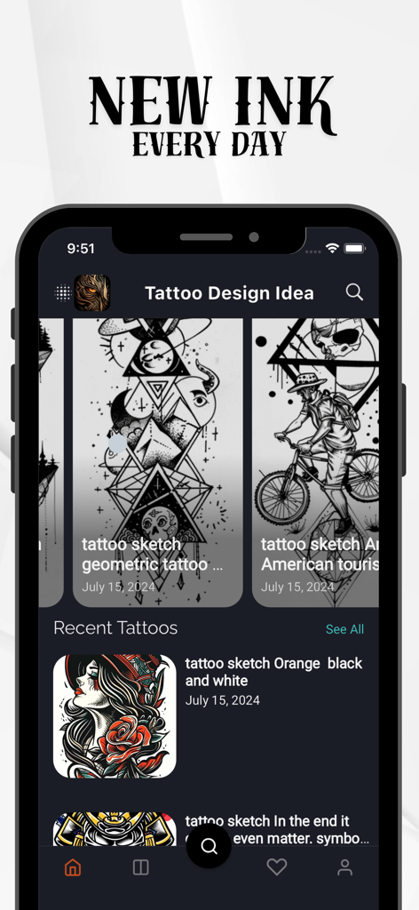 Tattoo Design AR Art Drawing - A gallery of diverse tattoo design sketches including geometric patterns and illustrative art in a mobile app interface