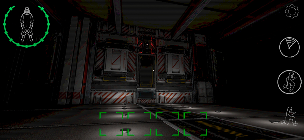 Backrooms Union Multiplayer - Backrooms Union Multiplayer の一人称視点のゲームプレイ。黄色と黒の縞模様のハザードテープがあり、サバイバルHUDが表示された暗い工業風の廊下を示している。