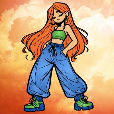 girl in baggy pants crop top and long hair