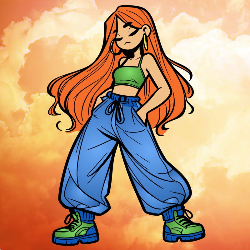girl in baggy pants crop top and long hair