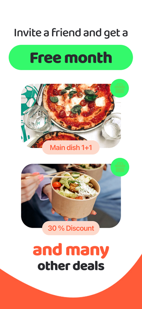 TasteTown app interface showing an invite a friend offer for a free month and various restaurant deals