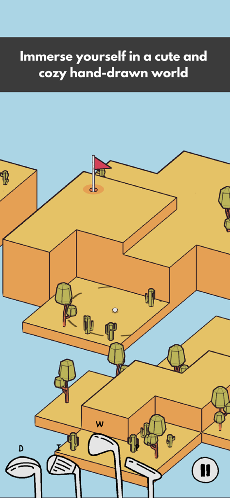 A peaceful hand drawn desert golf course with floating islands and cute cacti
