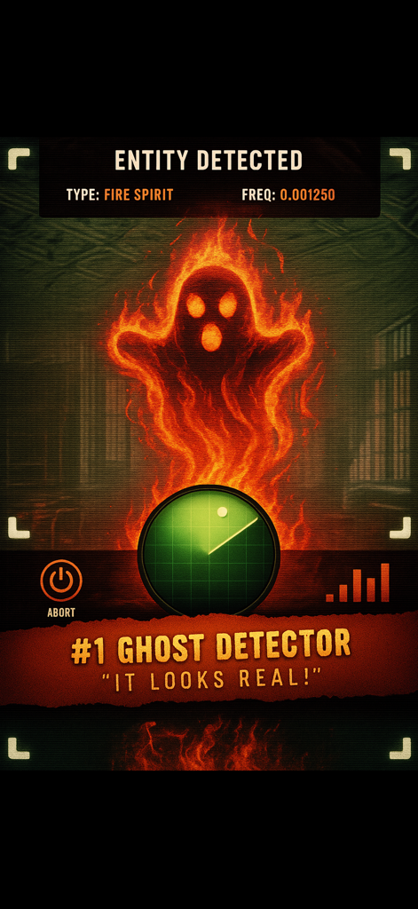 Interfaz de la aplicación de detector de fantasmas que muestra un fantasma de espíritu de fuego detectado y un escáner de radar