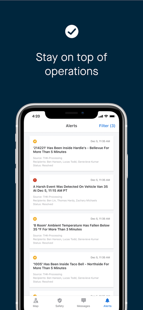 Samsara Fleet mobile app alerts screen showing notifications for vehicle location harsh events and temperature monitoring