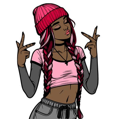 realistic teenage girl with braids and a beanie and crop top doing 🫶🏼