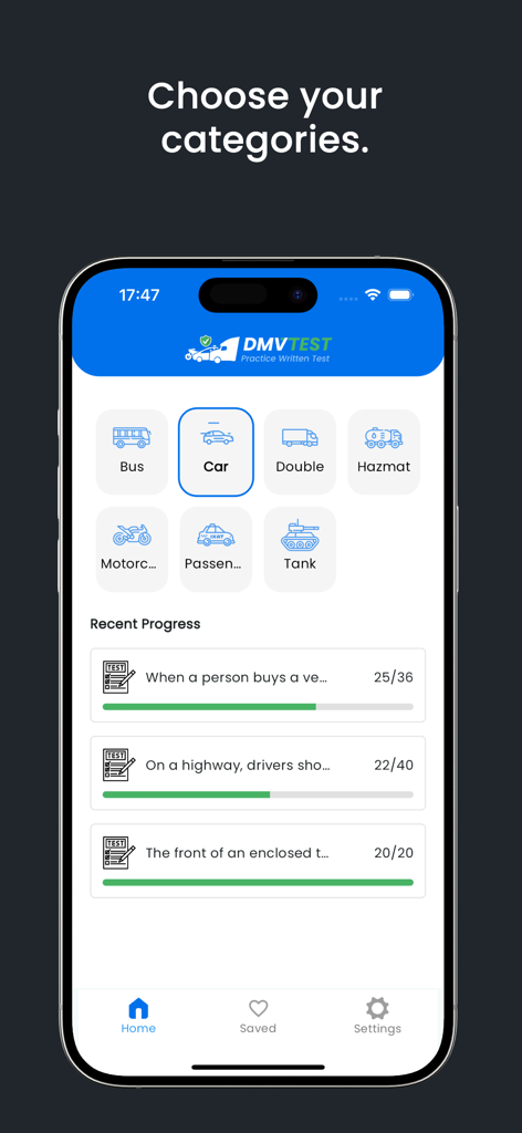 DMV Written Test Prep 2026 - Interfaz de la aplicación móvil para elegir categorías de conducción y seguir el progreso del estudio