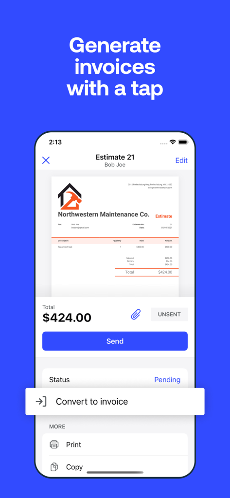 A business estimate being converted to an invoice on a mobile phone screen