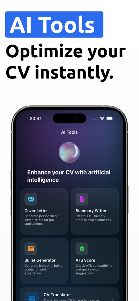 CV Maker: AI Resume Builder - Pantalla de smartphone que muestra herramientas de IA para la optimización de CV, incluyendo generador de cartas de presentación y verificador de puntuación ATS.