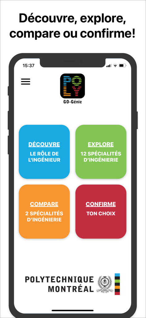 GO-Génie - GO-Génie app home screen showing options to discover and explore engineering specialties