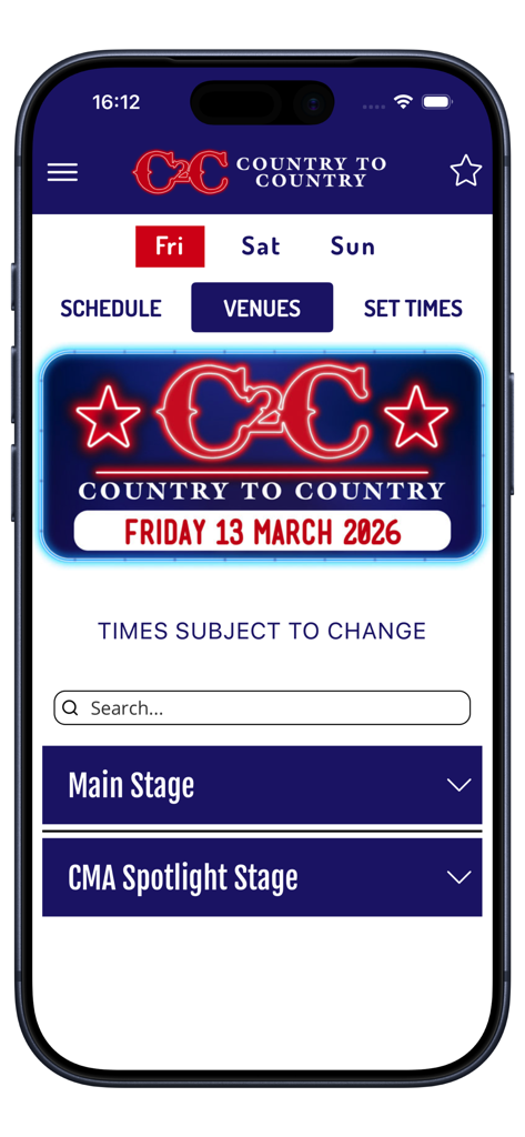 Interface do aplicativo C2C Festival mostrando a aba de locais para sexta-feira, 13 de março, com listas de palcos