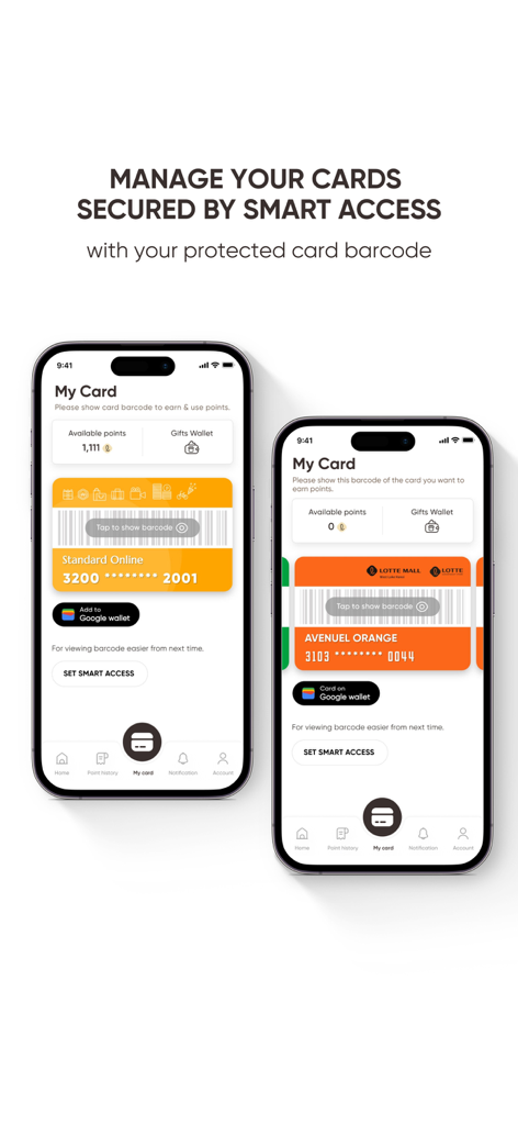 Interfaccia dell'app LS.POINT che mostra tessere fedeltà digitali con codici a barre per Lotte Shopping VN