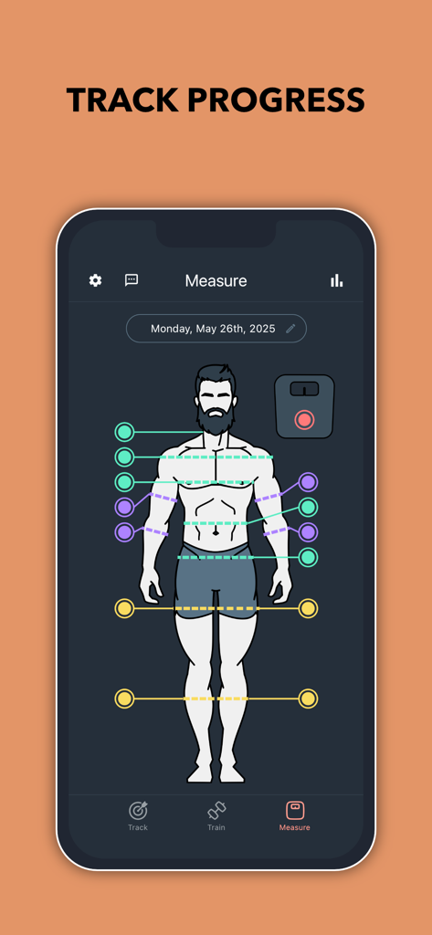 Blast gym workout tracker app interface displaying body measurement tracking on a stylized male figure
