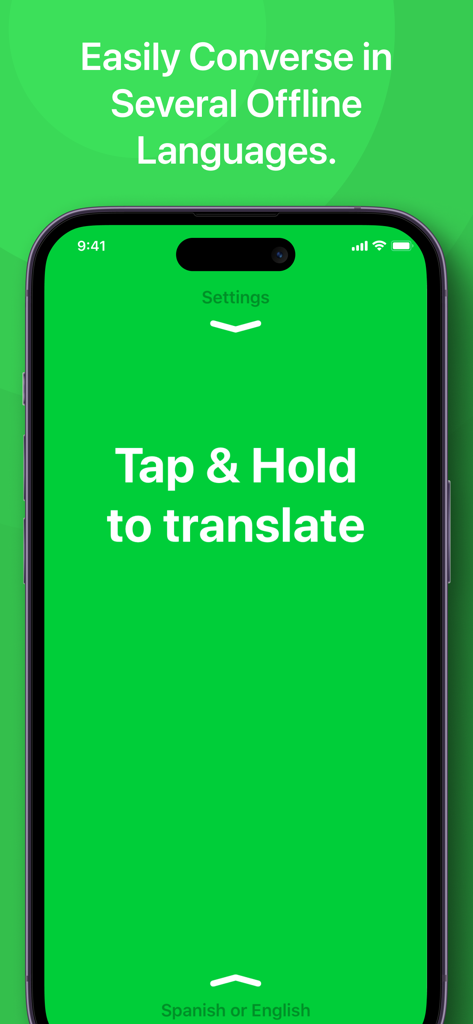 iTranslate Converse iPhone interface showing the tap and hold to translate screen with offline language support