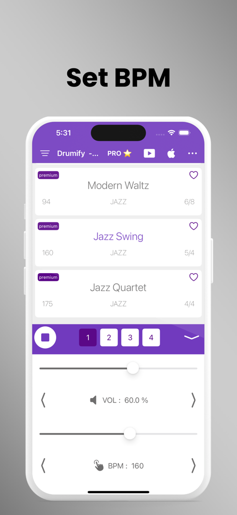 Drumify - Drum Loop Station - Interface móvel do aplicativo Drumify mostrando loops de bateria de jazz e controle deslizante de ajuste de BPM.