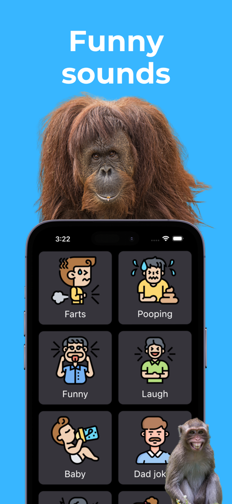 Soundboard-App-Oberfläche mit Schaltflächen für lustige Geräusche, einschließlich Furze und Dad-Witze