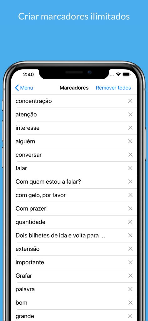 List of bookmarked words and phrases in the Portuguese dictionary app
