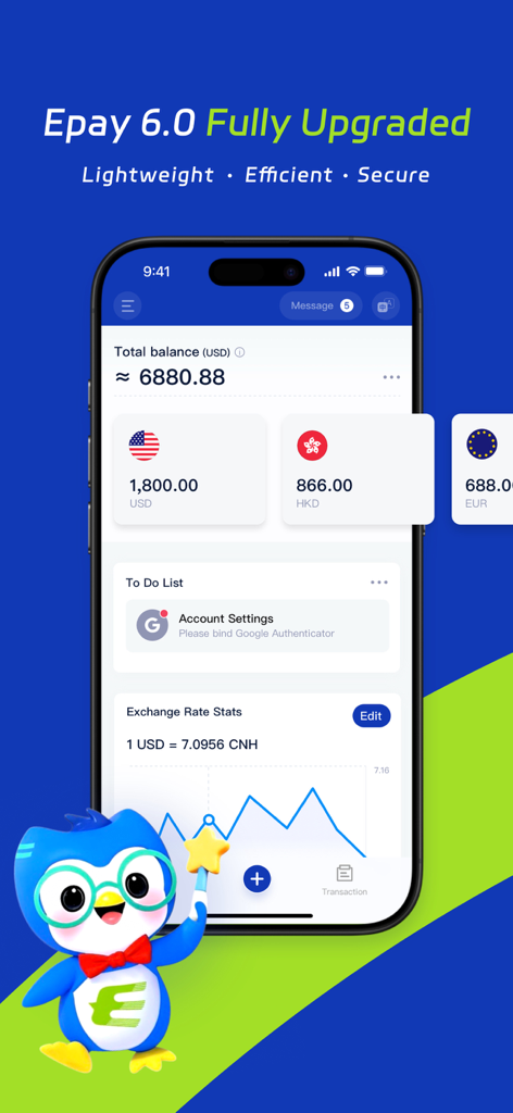 Epay Wallet（易派钱包） - Interfaccia mobile di Epay Wallet che mostra saldi in più valute e tassi di cambio in tempo reale