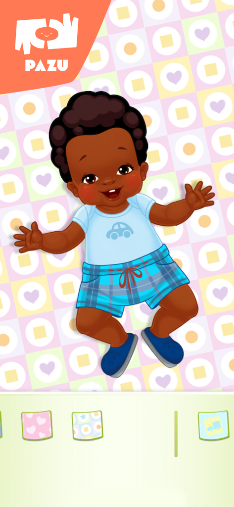 A smiling dark-skinned baby character wearing a blue car shirt and plaid shorts in the Chic Baby dress up game