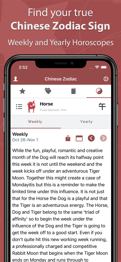 A smartphone screen displaying a weekly Chinese zodiac horoscope for the Horse sign in the Astrolis app.