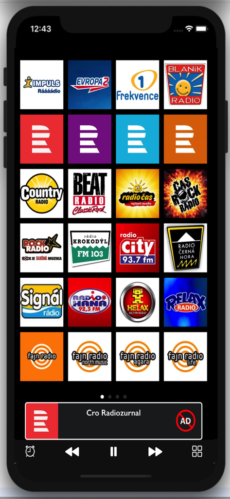 Screenshot of the Radio Ceska republika app displaying a selection of Czech radio stations